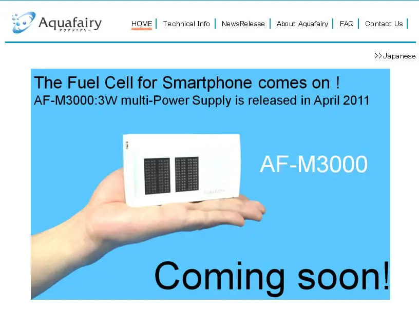 Aquafairy Website Screen Shot Fuel Cell PHone Battery Charger